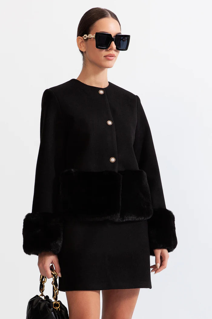 FAUX FUR CO-ORD WITH JACKET AND SKIRT - BLACK