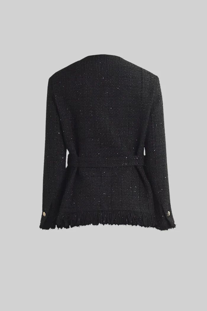 Elegant Tweed Blazer With Waist Belt - Black