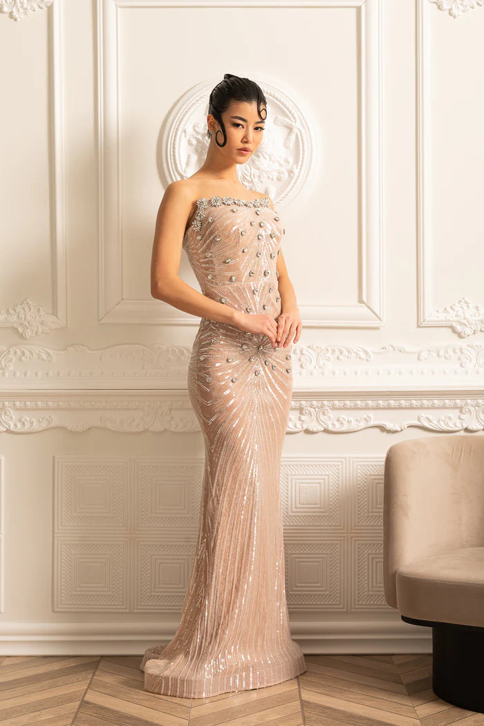 Sophisticated Evening Gown With Shimmering Sequin Embellishments - Beige