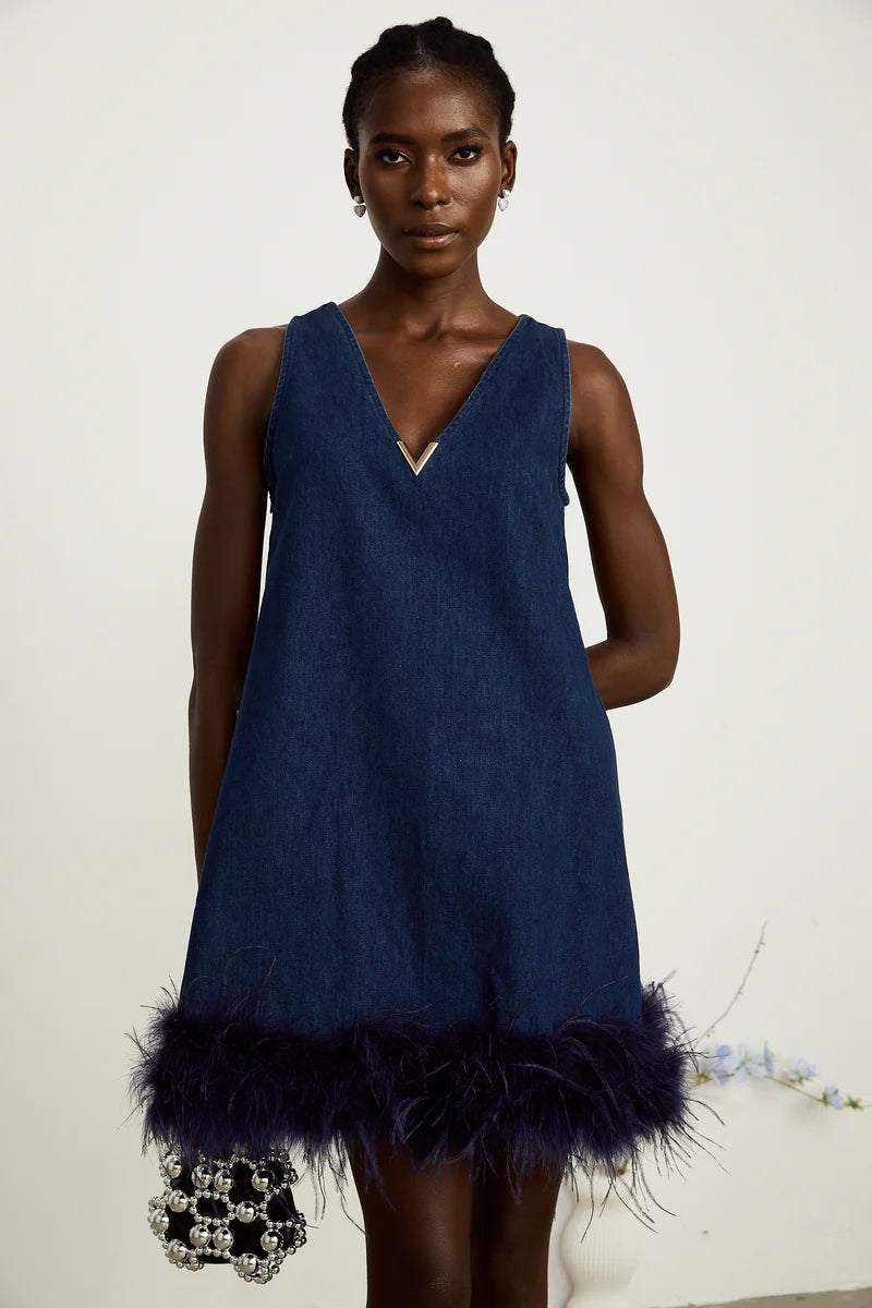 Selene bleu sans manches en plume-trim mini robe