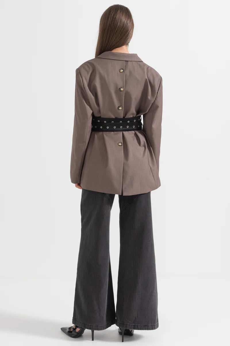 Contemporary Blazer With Dual Belt - Brown