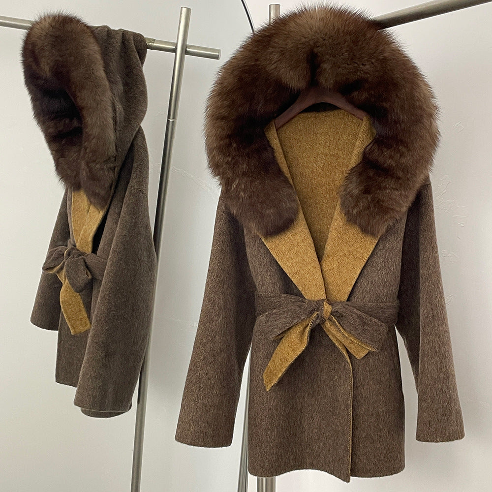 Two-color fur woolen coat