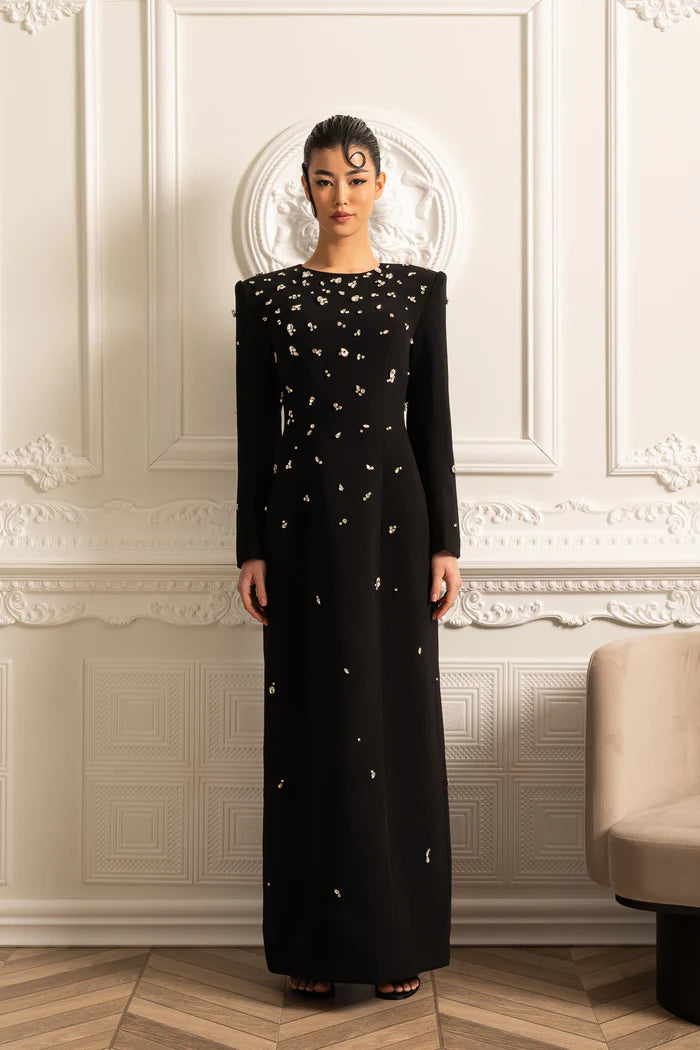 Elegant Long Dress With Sparkling Embellishments - Black