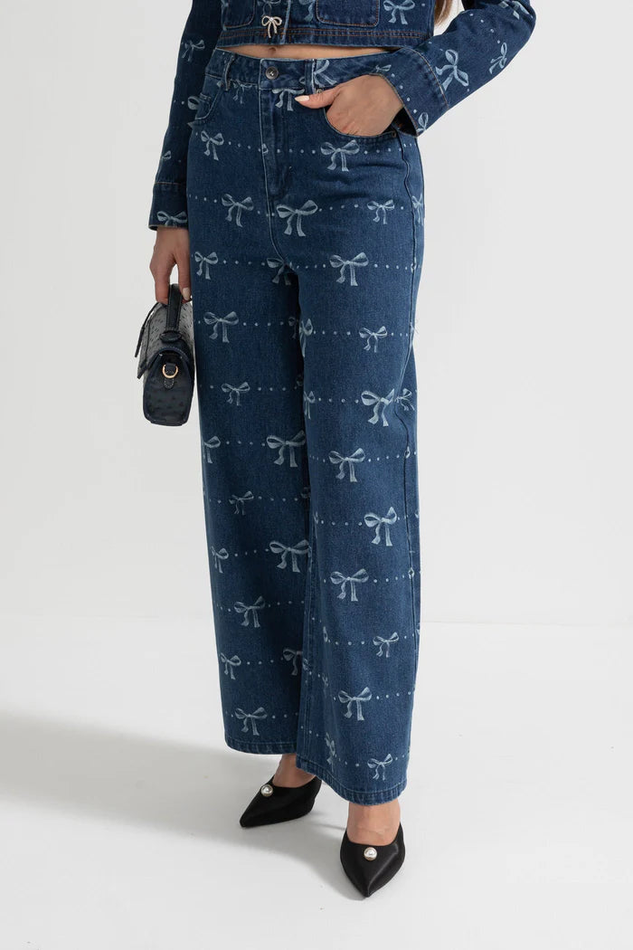 Denim-Koordinat-Ensemble mit langärmer Jacke und Weitbein-Jeans-Blau