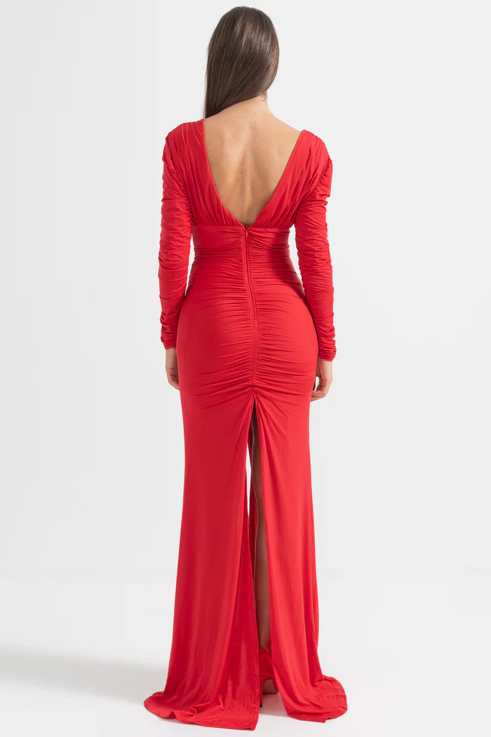 Elegant Ruched Dress With Deep Neckline - Red