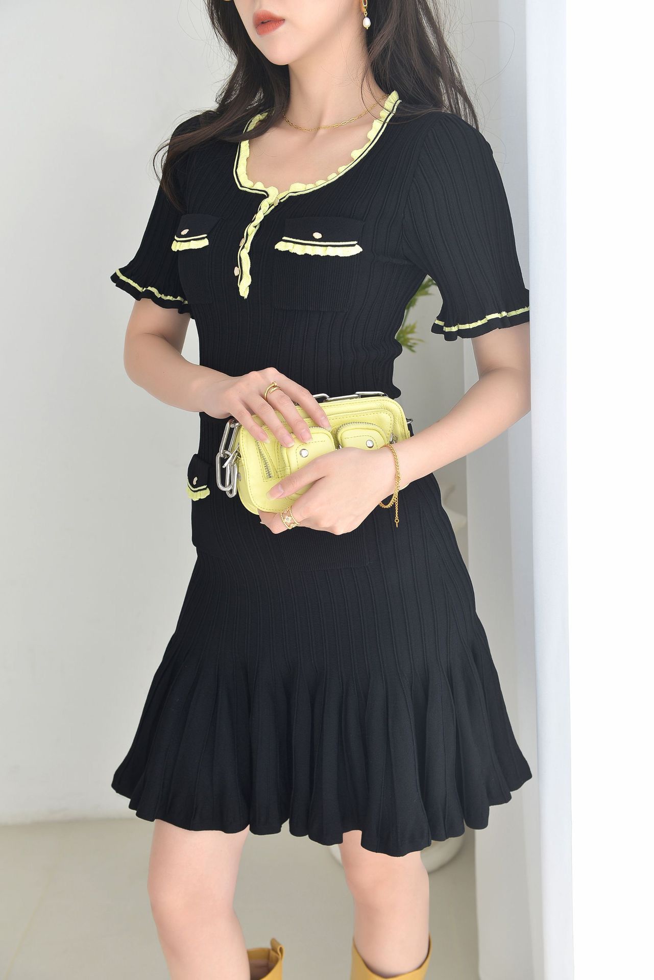 Commuter Pleated Cinched Waist Slim Dress Cruise 2023 New Bootcut Short Sleeve Skirt