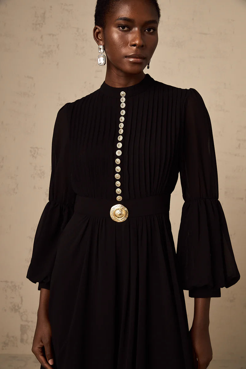 Viviane black pleated button-front midi dress