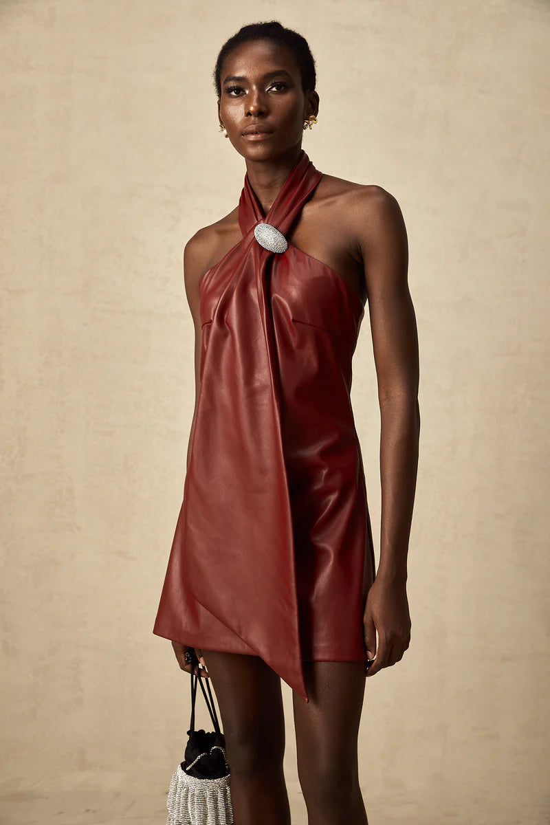 Maxanne Red Halterneck Mini-robe en peau de mouton