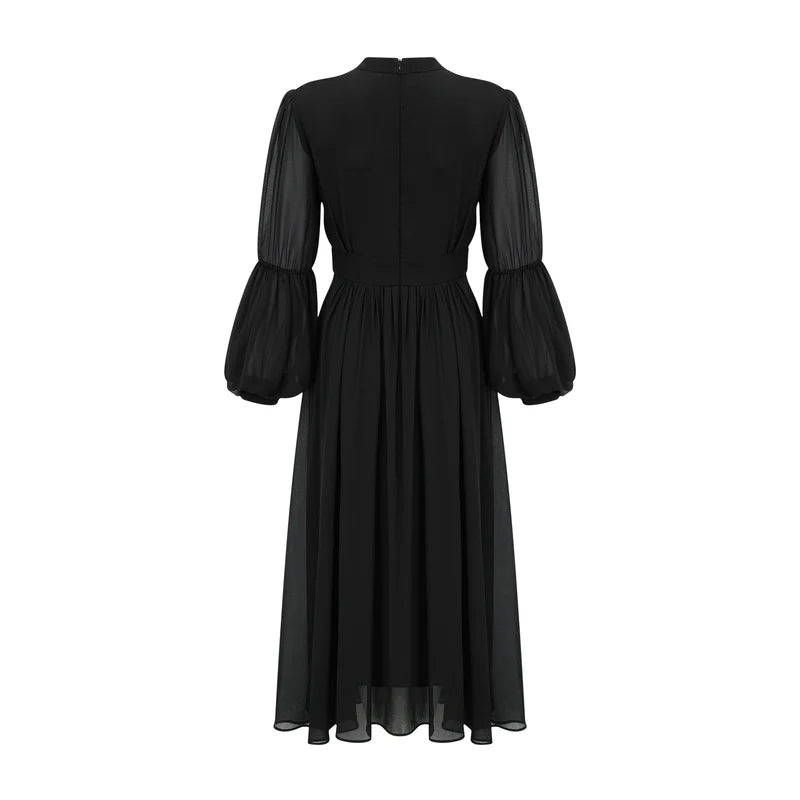 Viviane black pleated button-front midi dress