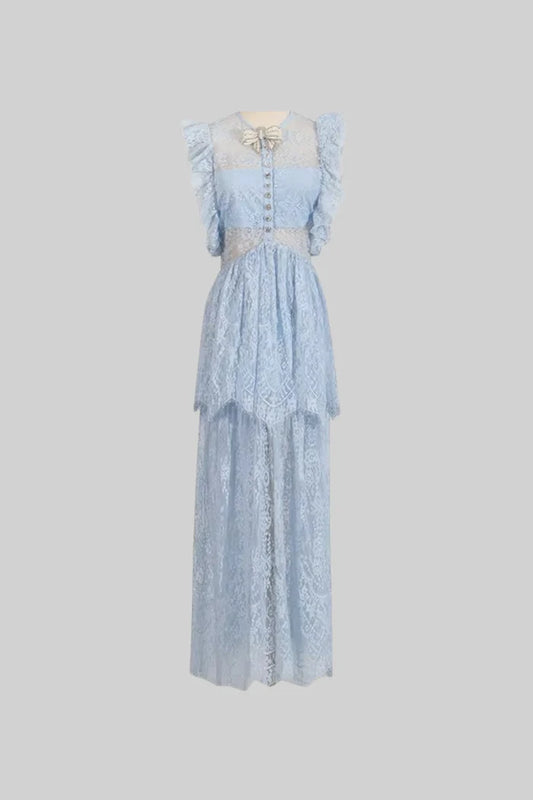 Elegant Vintage-Inspired Lace Dress With Ruffled Details And Layered Skirt