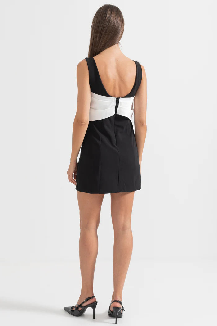 Embellished Mini Dress With White Neckline Bow - Black