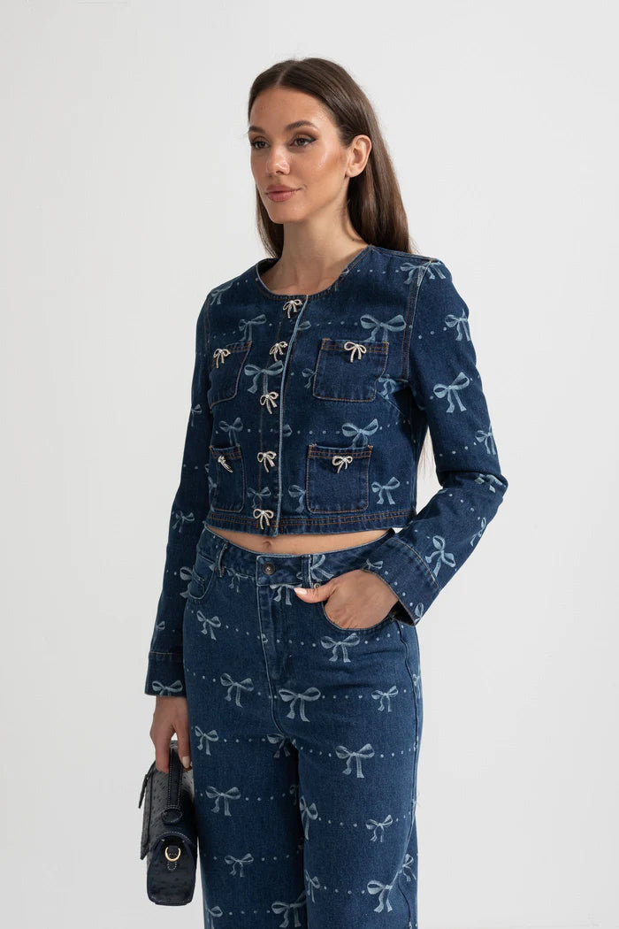Denim-Koordinat-Ensemble mit langärmer Jacke und Weitbein-Jeans-Blau