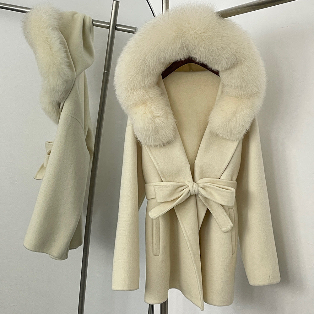 Two-color fur woolen coat