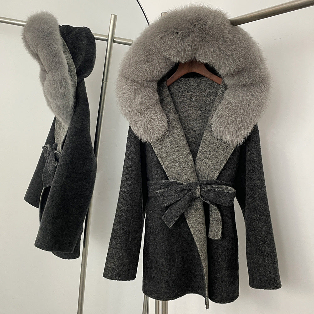 Two-color fur woolen coat