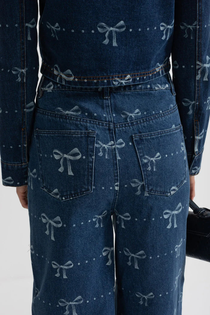 Denim-Koordinat-Ensemble mit langärmer Jacke und Weitbein-Jeans-Blau