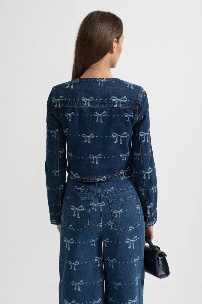 Denim-Koordinat-Ensemble mit langärmer Jacke und Weitbein-Jeans-Blau