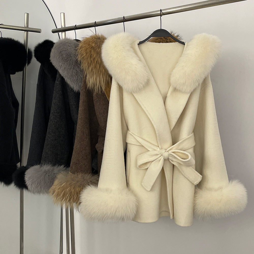 Two-color fur woolen coat