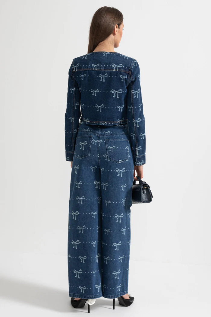 Denim-Koordinat-Ensemble mit langärmer Jacke und Weitbein-Jeans-Blau