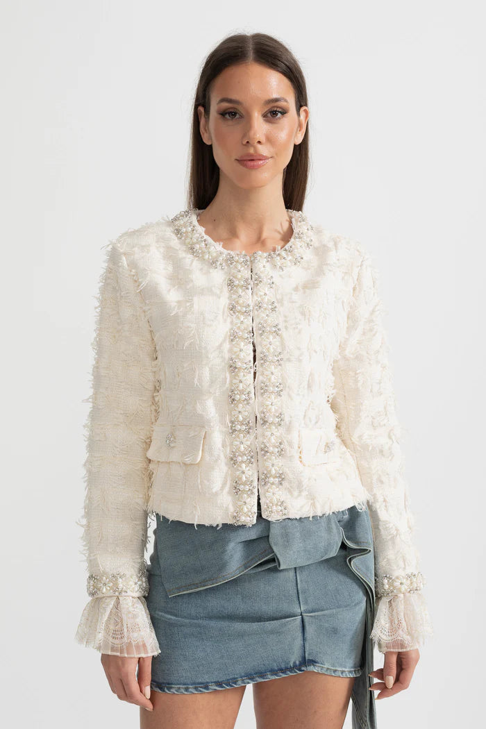 Textured Jacket Top with Pearl and Crystal Embellishments - Ivoire