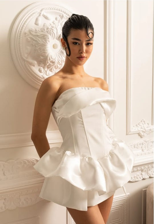 Mini Satin Dress With Fitted Bodice And Ruffled Skirt - White