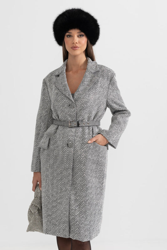 Herringbone Belted Coat - Silver