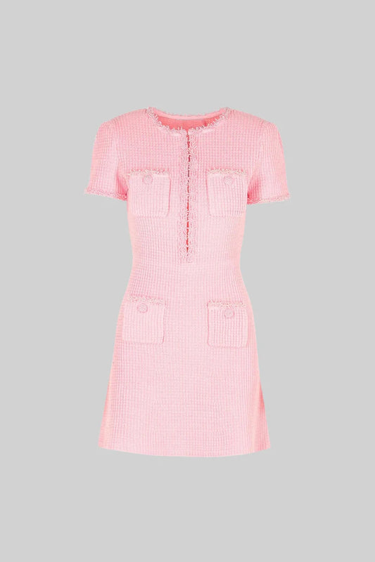 Tweed Mini Dress With Short Sleeves And Buttoned Front Closure - Pink
