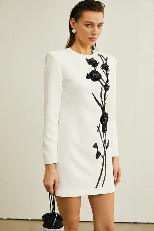 Vanessa White Faux-Flower Embellied Mini Robe