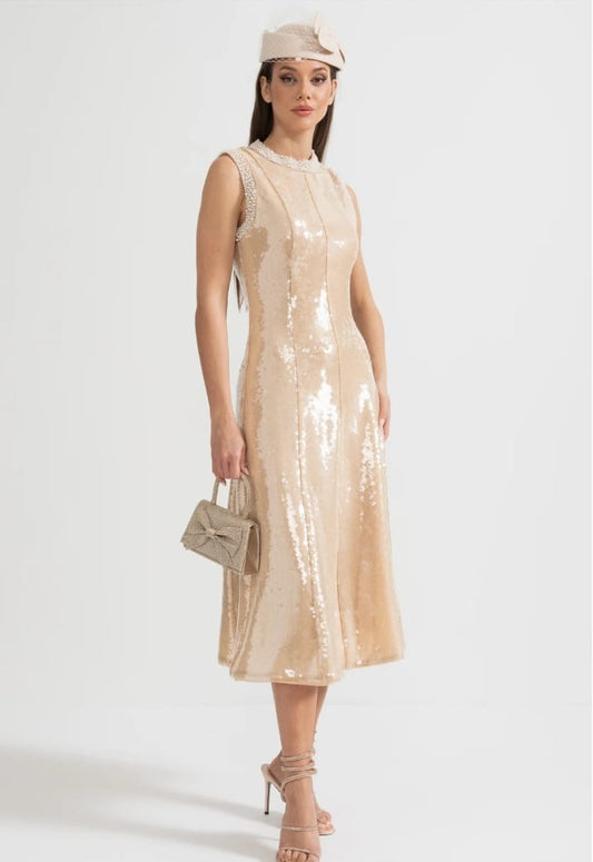 Elegant Sequin Dress With White Pearl Embellishments - Beige