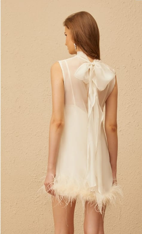 Adrienne White Feather Trim Mini Dress