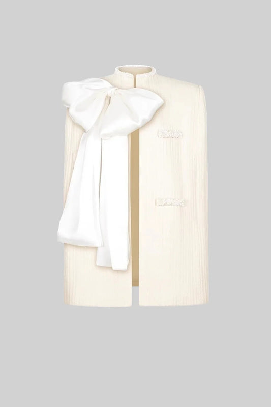 Elegant Textured Overcoat With White Bow Detail - Beige