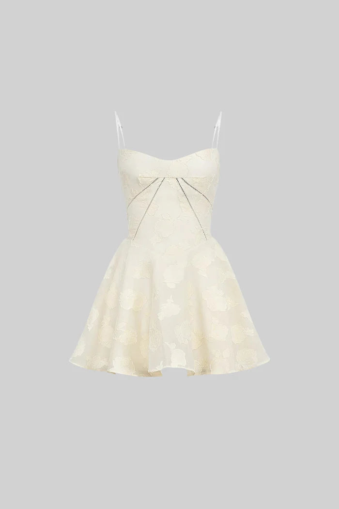 Mini Dress With Subtle Floral Pattern, Fitted Bodice And Flared Skirt - Ivoire