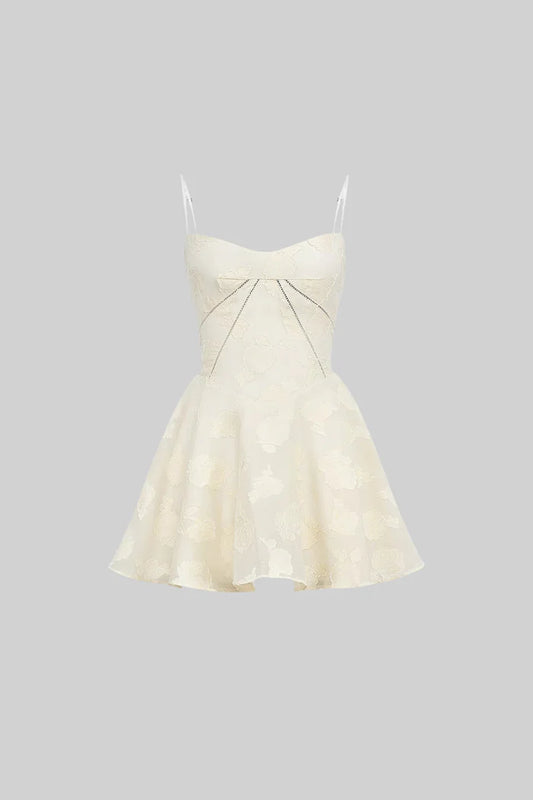 Mini Dress With Subtle Floral Pattern, Fitted Bodice And Flared Skirt - Ivoire