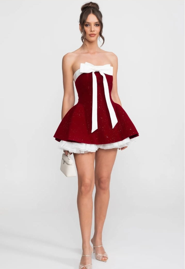 Strapless Velvet Mini Dress With Satin Bow And Ruffle Hem - Red