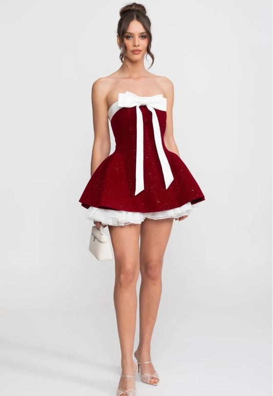 Strapless Velvet Mini Dress With Satin Bow And Ruffle Hem - Red