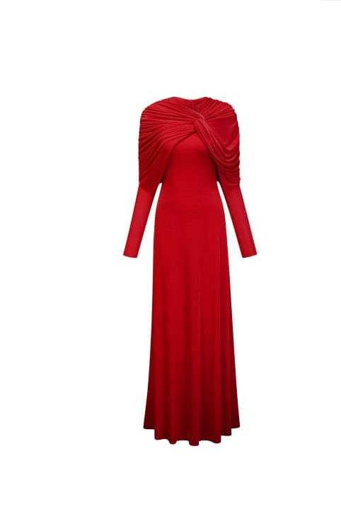 Moderne Red Cape-Design Ruched Maxi Dress