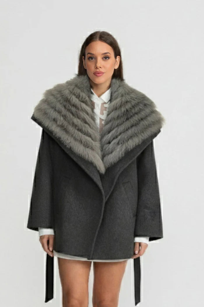 Wool Coat with Oversized Fur Collar And Belt - Gray