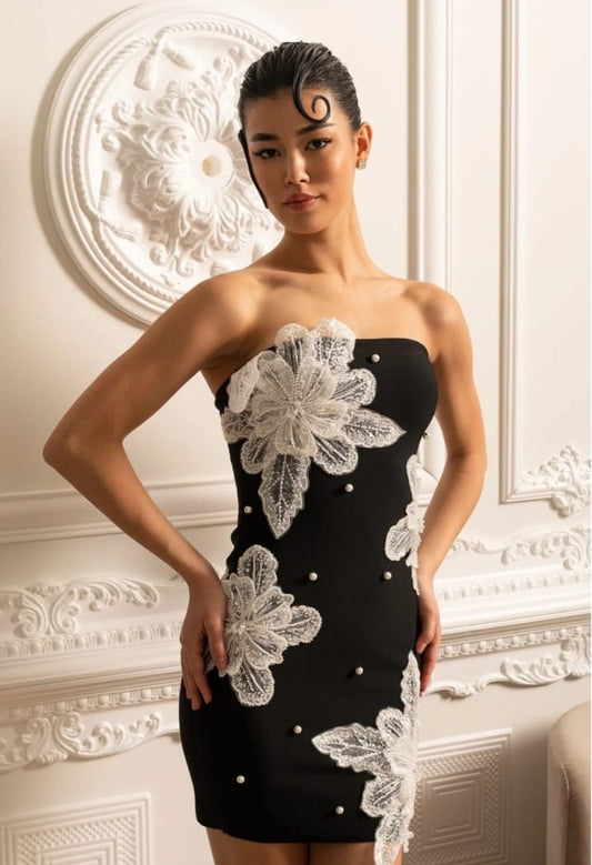 Strapless Mini Dress With Contrasting Lace Flower Embellishments - Black