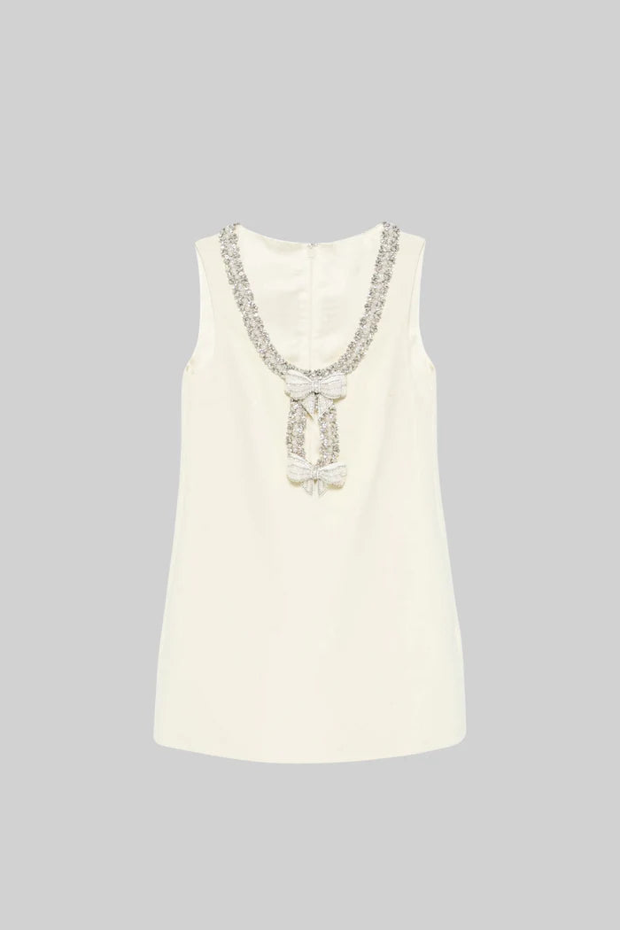 Sleeveless Mini Dress With Intricate Sparkling Neckline And Bow Embellishments - Ivoire