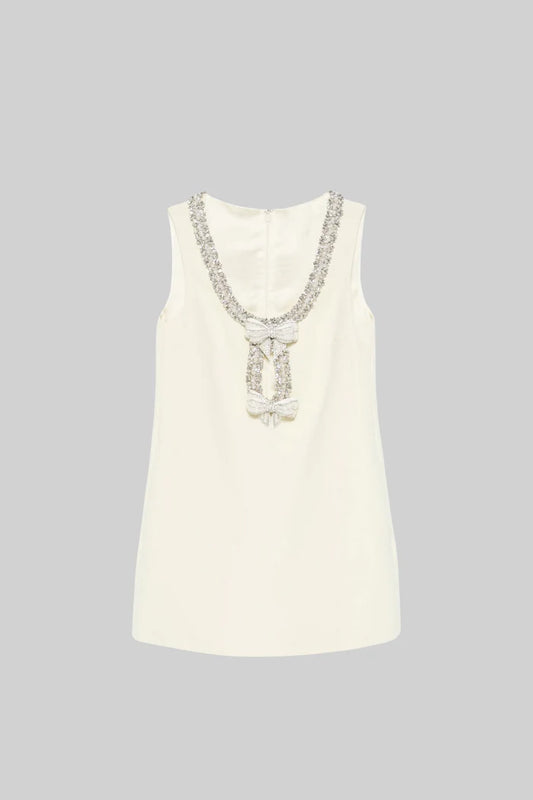 Sleeveless Mini Dress With Intricate Sparkling Neckline And Bow Embellishments - Ivoire