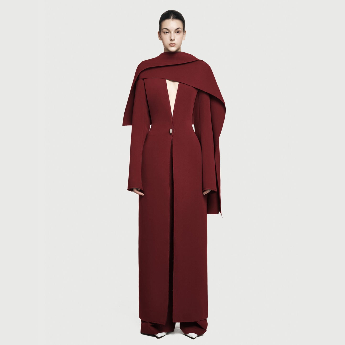 V-neck virtual edge shawl long jacket