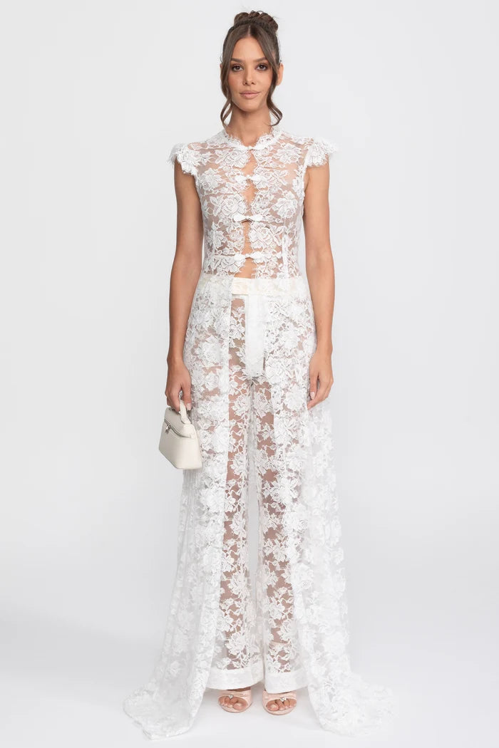 Sheer Lace Top And Palazzo Pants Set With Trailing Panel - White