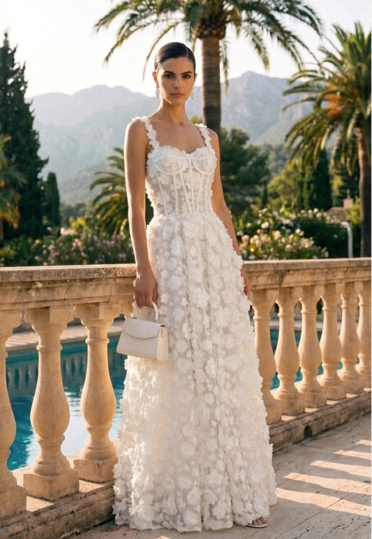 Floral Appliqué Maxi Dress with Built-in Corset - White