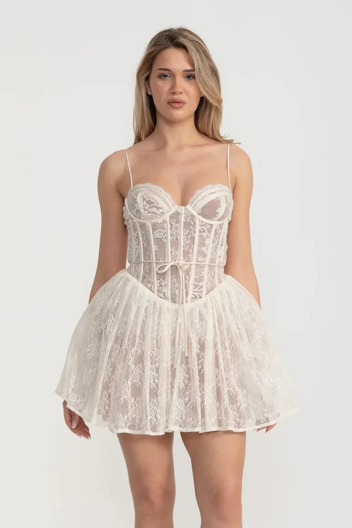 Elegant Lace Strapless Dress With Fitted Bodice And Flared Skirt - White