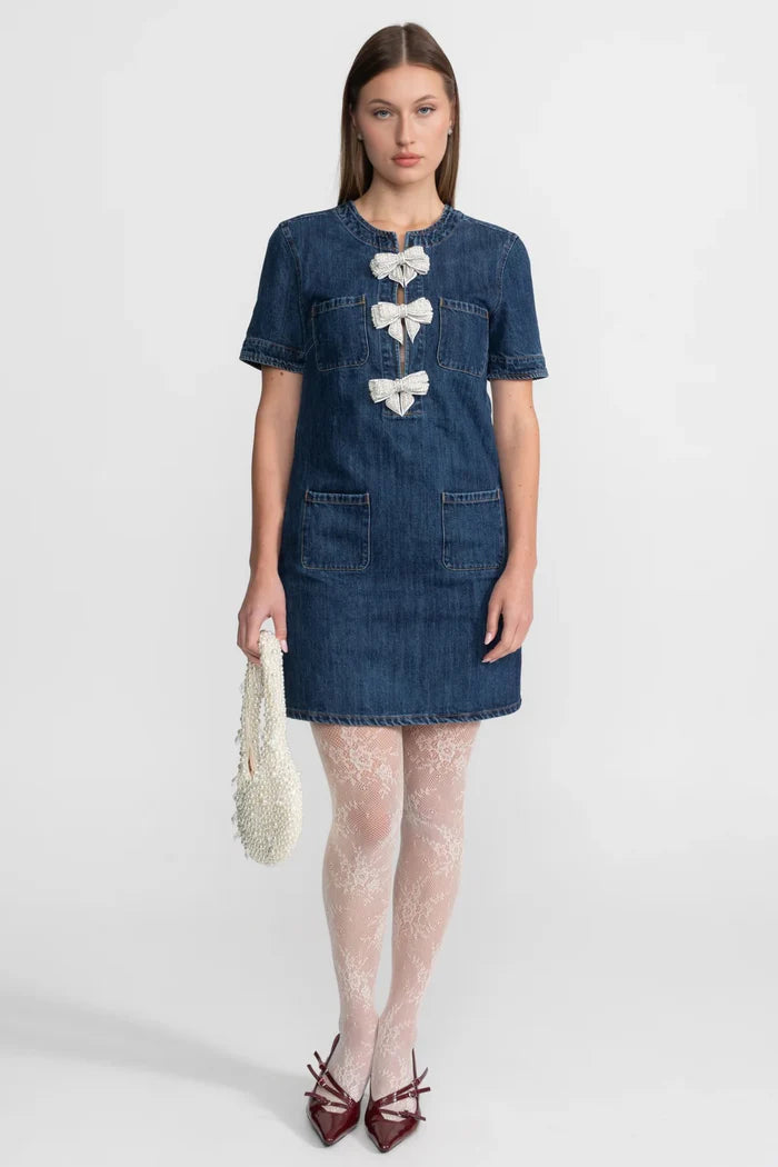 Embellished Denim Mini Dress With Sparkling Bows – Dark Blue