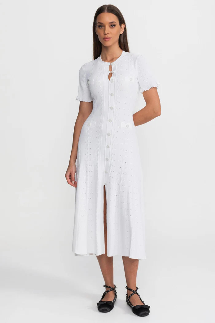Knit bae Button-Front Midi Dress with Scalloped Sleeves – White