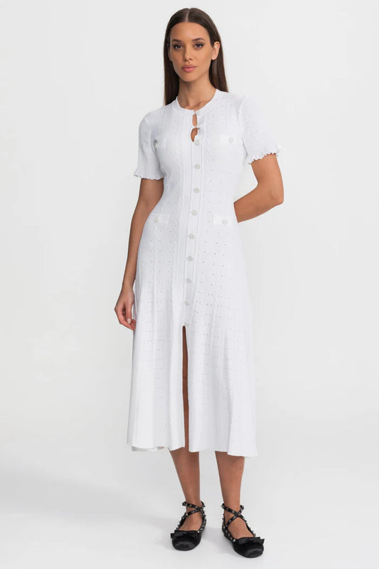 Knit bae Button-Front Midi Dress with Scalloped Sleeves – White