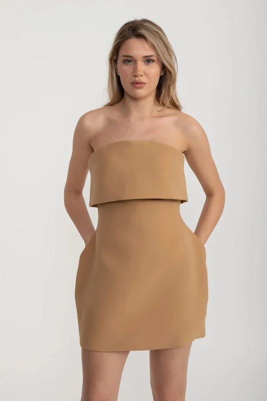 Elegant Strapless Mini Dress With Flared Hemline - Khaki