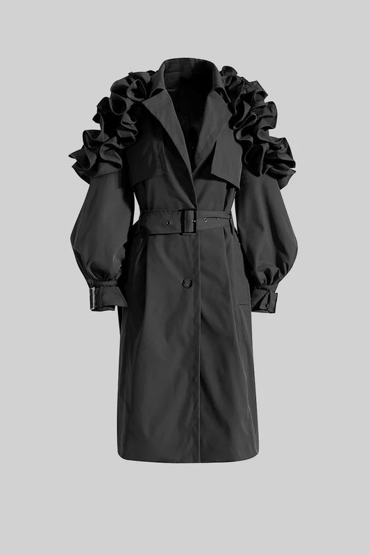 MADISON Ruffled Trench Coat - Black