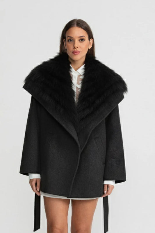 Wool Coat with Oversized Fur Collar And Belt - Black