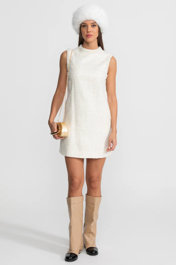 Sequin Tweed Mini Dress with Beaded Collar – White